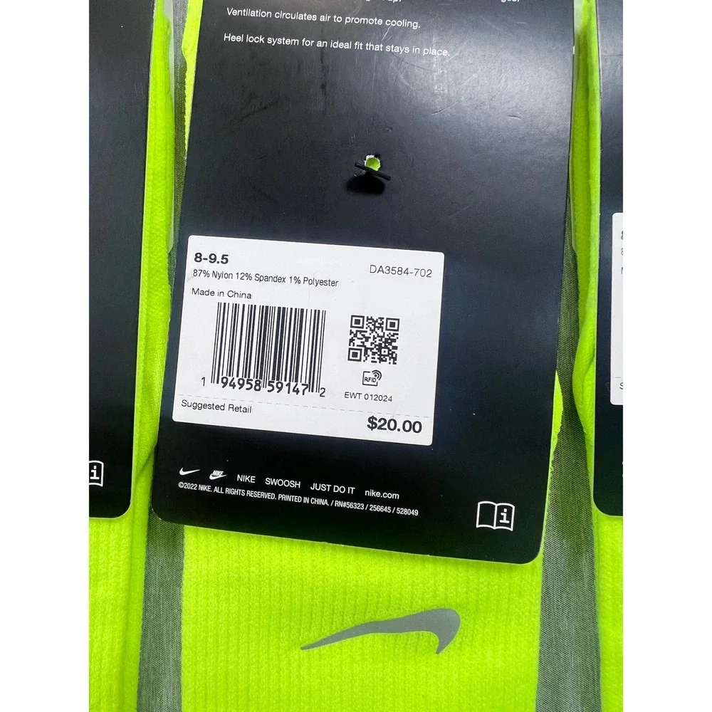 Nike Spark Lightweight‎ Running Crew Socks 3 Pairs Volt Yellow M8-9.5 W 9.5-11